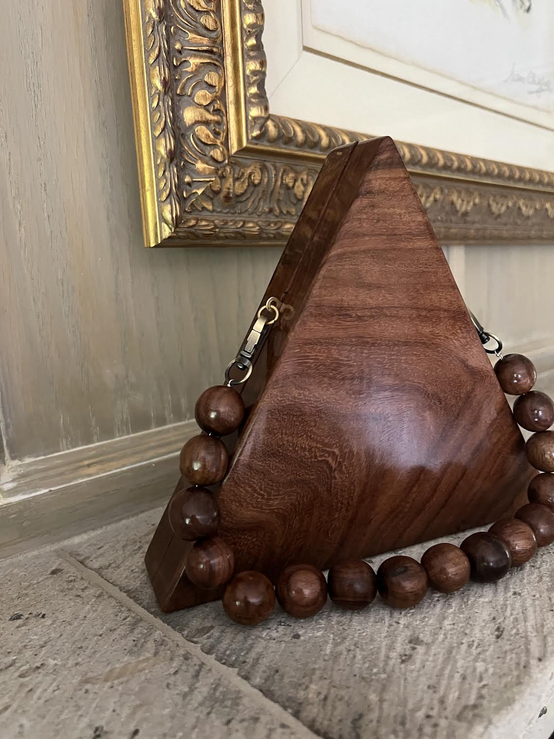 Handmade Walnut Beaded Triangle Clutch or Purse Art Deco Style 8"