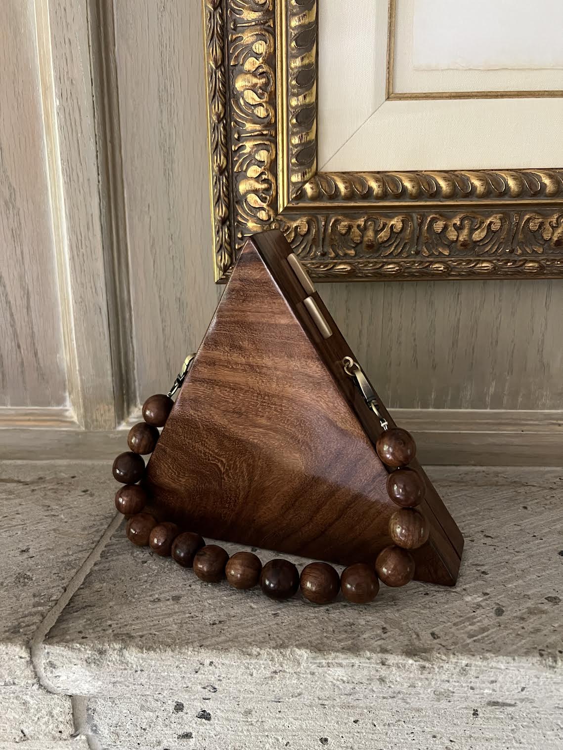 Handmade Walnut Beaded Triangle Clutch or Purse Art Deco Style 8"