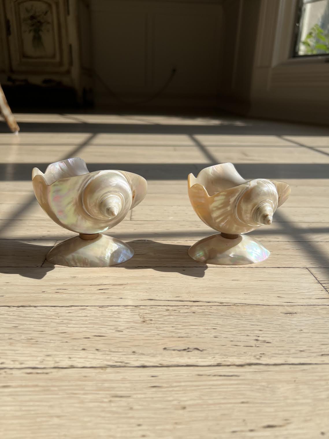 Vintage 1940's Art Deco Double Footed Seashell Caviar Dishes or Salt Cellars