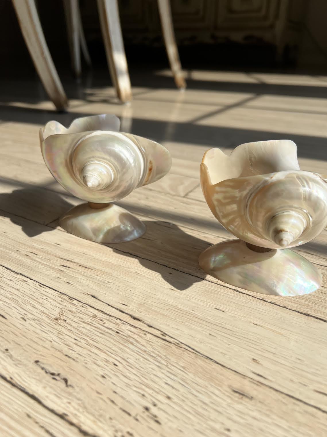 Vintage 1940's Art Deco Double Footed Seashell Caviar Dishes or Salt Cellars