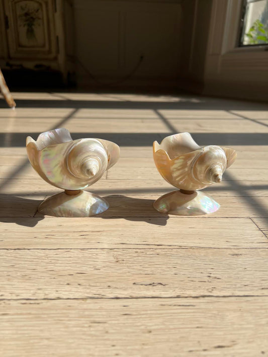 Vintage 1940's Art Deco Double Footed Seashell Caviar Dishes or Salt Cellars
