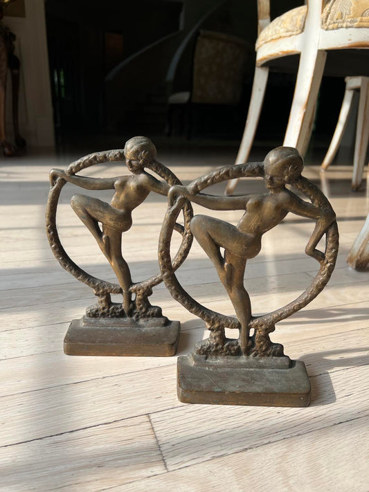 Vintage 1920's Art Deco Brass Sculptural Bookends with Female Figure