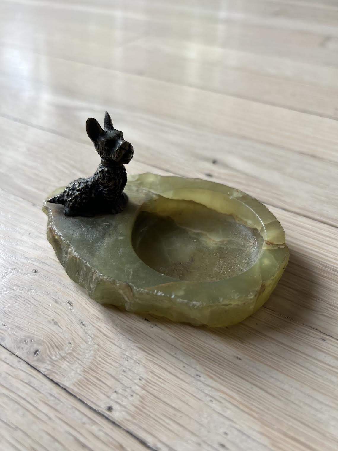 Vintage 1930's Art Deco Vide Poche Germany Cast Bronze Scottie Dog on Onyx Tray